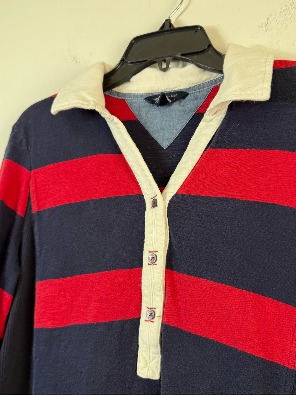 Tommy Hilfiger Red Navy Striped Preppy Rugby Polo Shirt XL - Picture 3 of 6